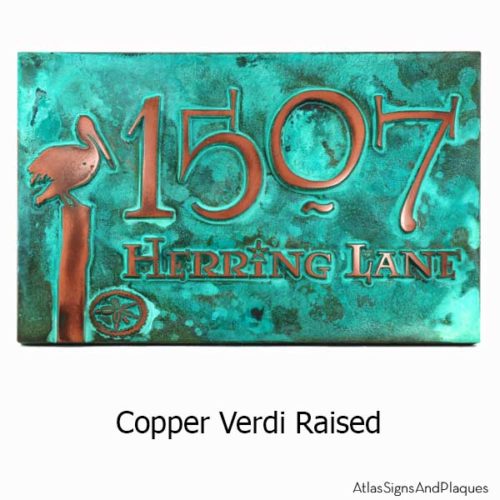 Perched Pelican Address Plaque - Copper Verdi
