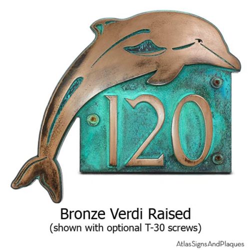 Dolphin Address Plaque - Bronze Verdi Shown with Optional T30 Screws