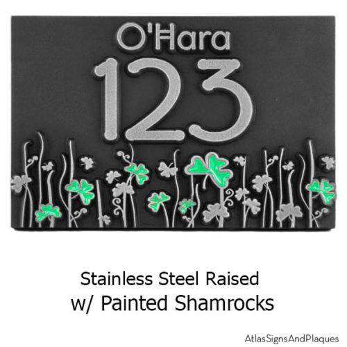 Shamrock Address Plaque - Stainless Steel with Painted Shamrocks