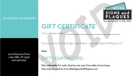 Atlas Signs and Plaques Gift Certificate