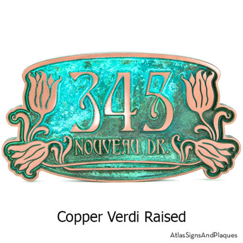 Tulip Bud Home Numbers Sign in our Copper Verdi finish