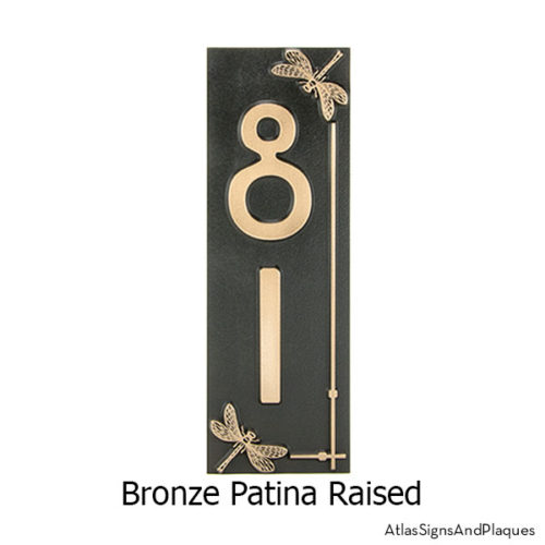 Vertical Dragonfly House Number Sign, Raised, Bronze